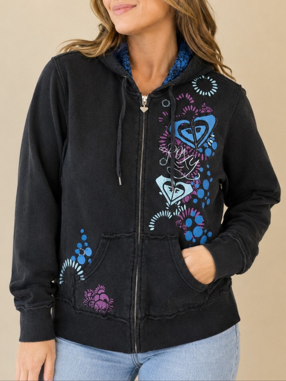 Roxy Full Zip Hoodie Black Graphic Womens Size Large Vintage Y2K Surf Grunge
